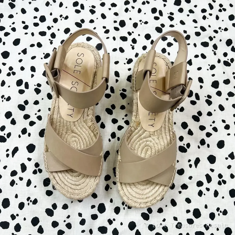 Sole Society | Audrina Platform Nude Leather Espadrille Wedge Sandals Size 7